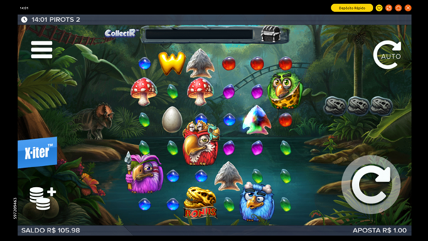 Rodada ativa de jogo base com s&iacute;mbolos especiais no Pirots 2